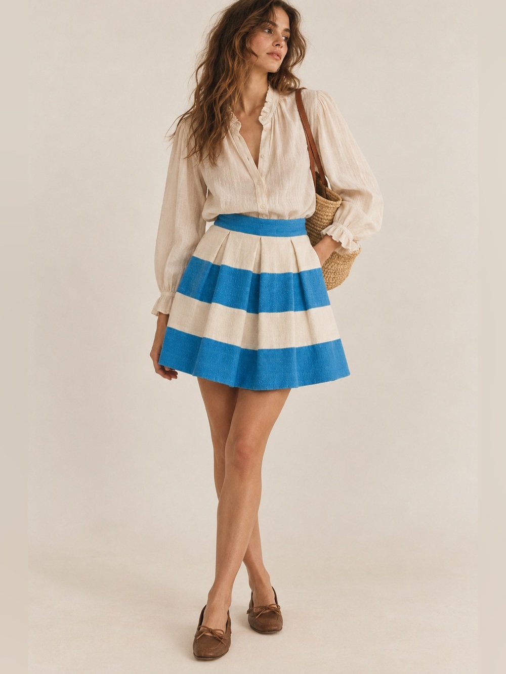 Boden Blue Cream Striped Pleated Cotton A-line Mini Skirt Preppy Coastal